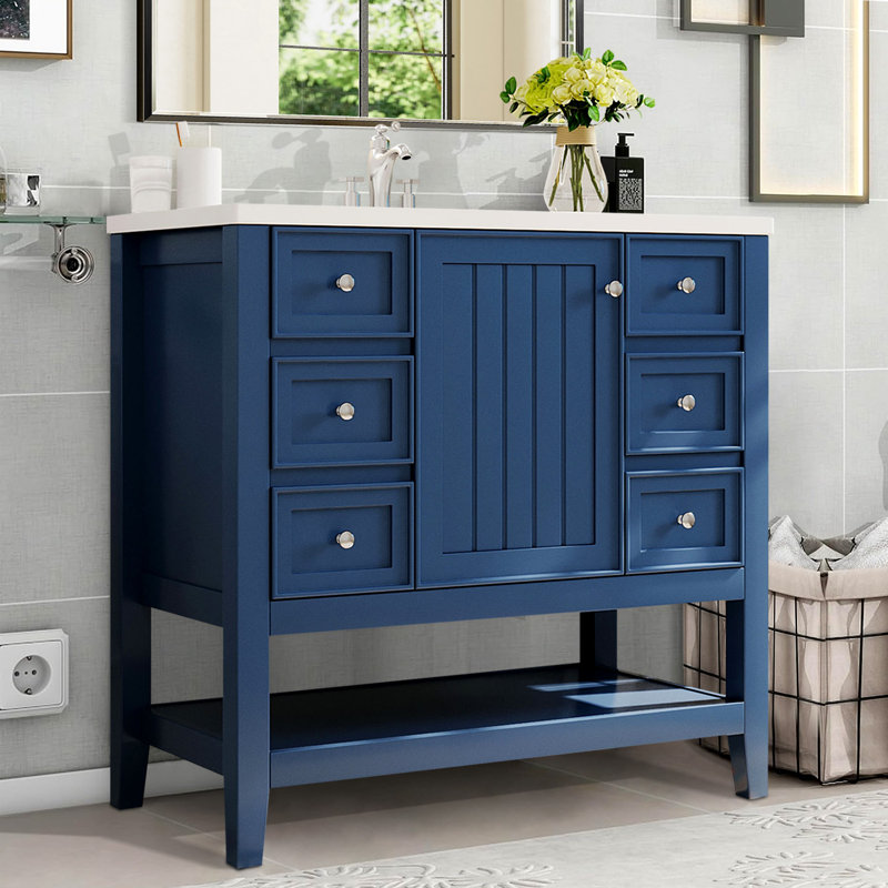 Meuble-lavabo 36 po avec lavabo en céramique, Bleu