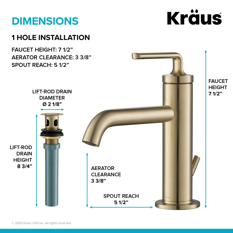 Ramus Single Handle Vessel Sink Bathroom Faucet with Drain Assembly, Brushed Gold