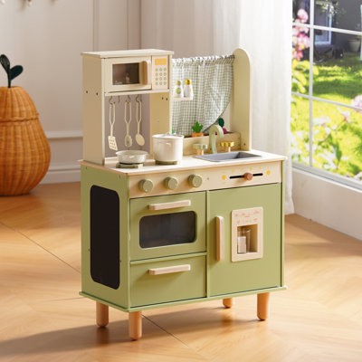 Wooden Kitchen Playset for Kids, Pretend Play Kitchen with Microwave, Sink, Oven, Chalkboard & Plant Kits