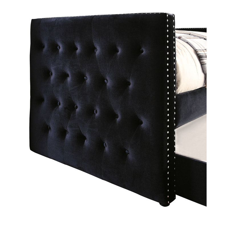 Black Padded Daybed With Trundle, Transitional Style, Flannelette Upholstery, Button , Design, Nailhead Trim, Slat Kit - Fashion,