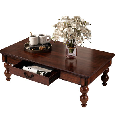 Table basse rectangulaire vintage, pieds en forme de gourde, tiroir de rangement, imperméable et facile à nettoyer, montage en 5 minutes, pieds en noyer pour usage domestique, surface chauffante, aucun outil requis.