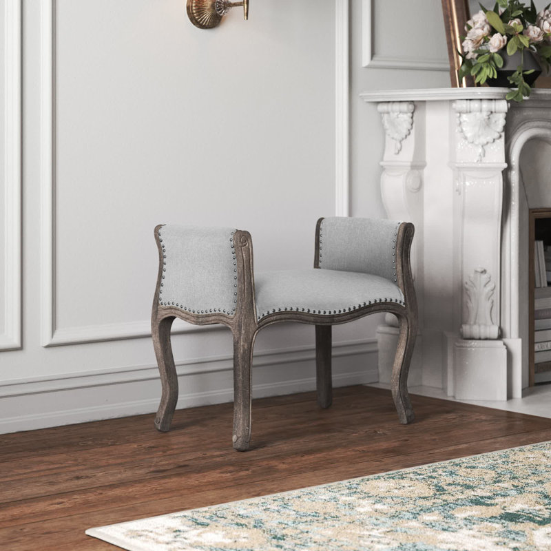 Banc vintage rembourré en tissu, Velours gris pâle