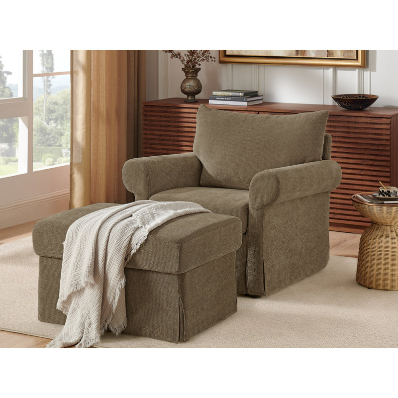 36"Chenille Accent Chair with Ottoman,  Vintage Style Lounge Chair, Brown