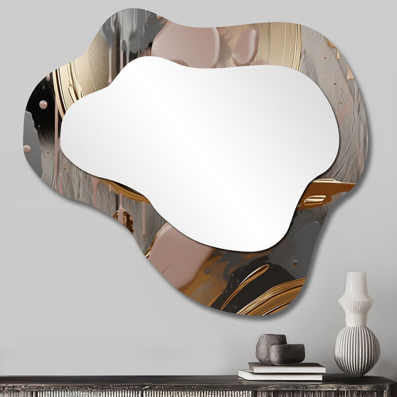 Abstract Golden and pink infinity circles IV - Liquid Ink Asymmetrical Mirror, Gold Cloud Unique Wall Mirror, Printed Metal Art