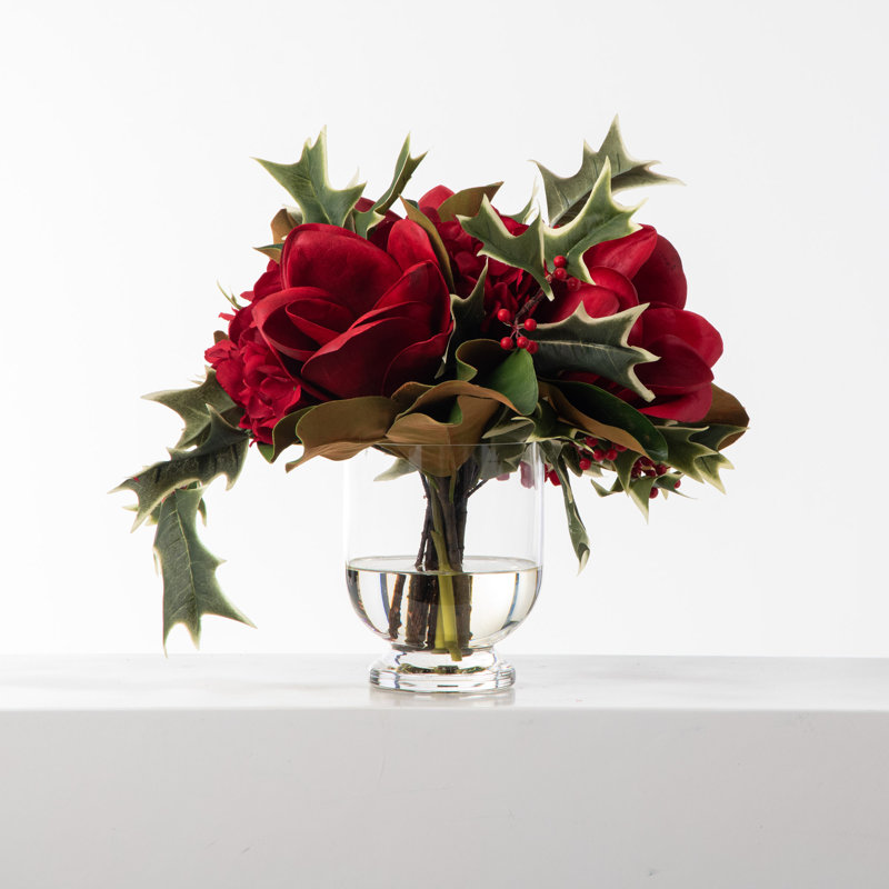 Real Touch Red Magnolia & Hydrangea with Wild Holly Berry Branches Water Illusion Holiday Christmas Centerpiece in Glass Vase