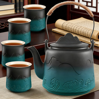 Service à thé japonais en céramique avec 4 tasses, motif montagne en relief rétro, crépine intégrée et poignée en corde de chanvre, cafetière à feuilles mobiles 33,8 oz