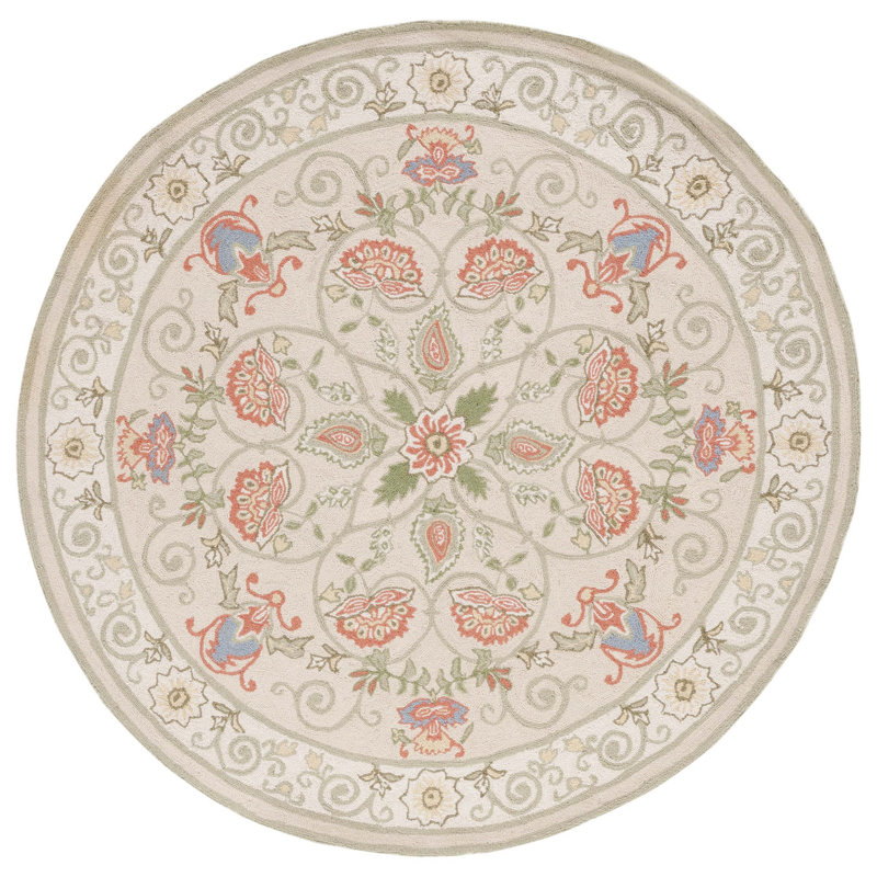 Tapis beige / vert en laine à motif floral crocheté à la main Hollander, Rond 5 pi 6 po