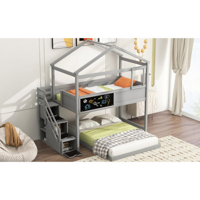 Gray Twin Over Full Bunk Bed Featuring Robust Construction And Blackboard House In With Organized Storage Decorative Feature