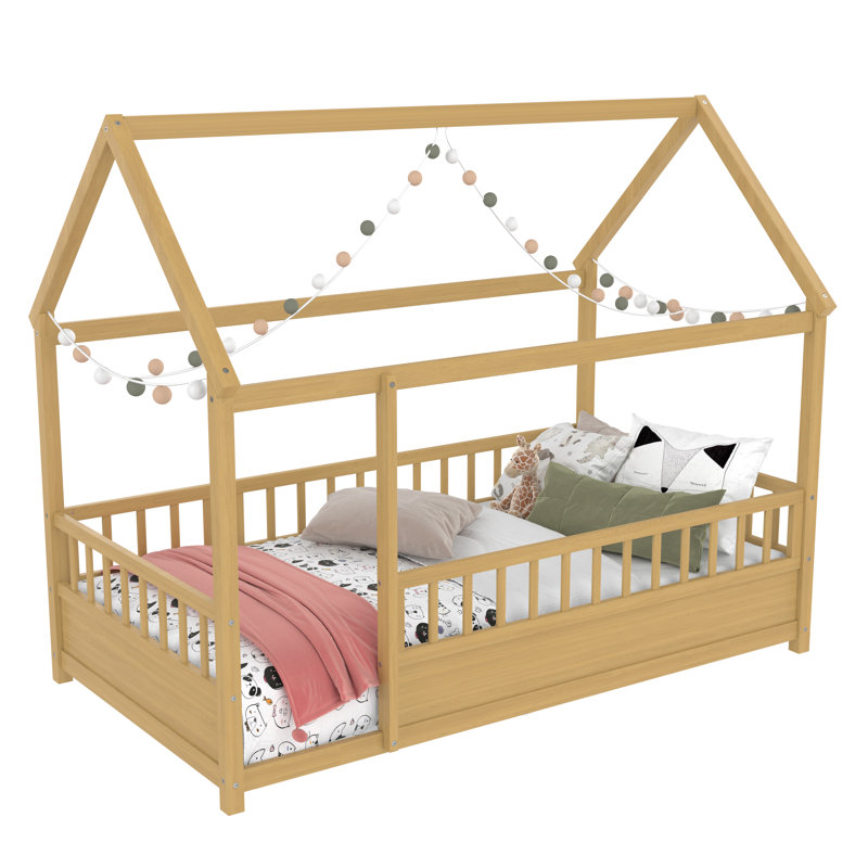 Twin Size Floor Wooden Bed With House Roof Frame,Fence Guardrails,