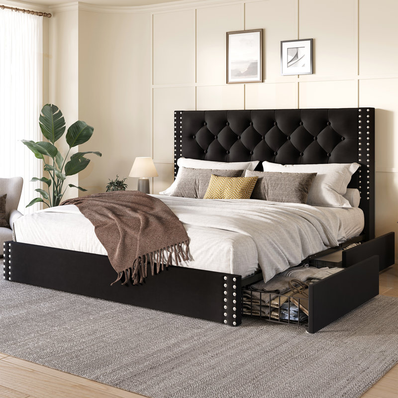 Lit plateforme tapissier avec tiroirs de rangement, Noir, Grand lit