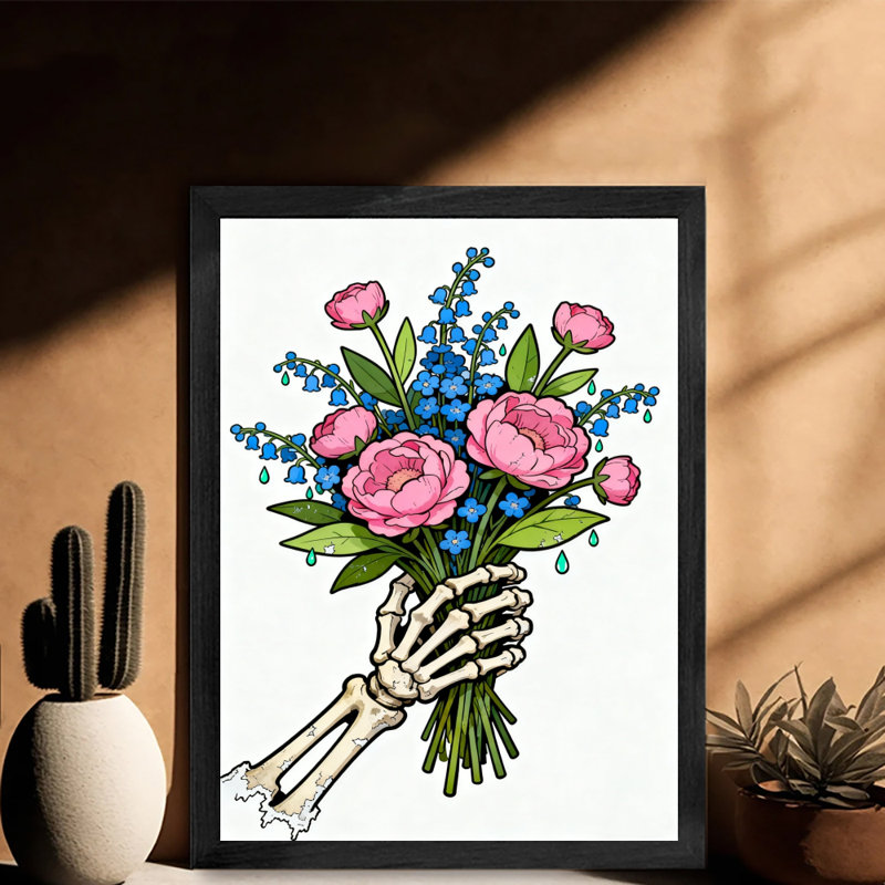 Art mural rétro noir, squelette et bouquet, impressions de style rétro, H 37 po x l 25 po