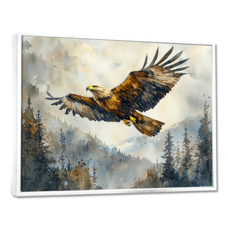 Aigle brun surplombant la vallée - oiseau, art mural, Cadre flottant, H 24 po x l 32 po, Blanc