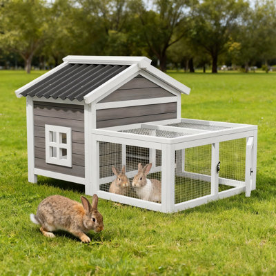 Predator Proof Wooden Rabbit Villa With Wire Mesh Run, Weatherproof Critter Cage,grey