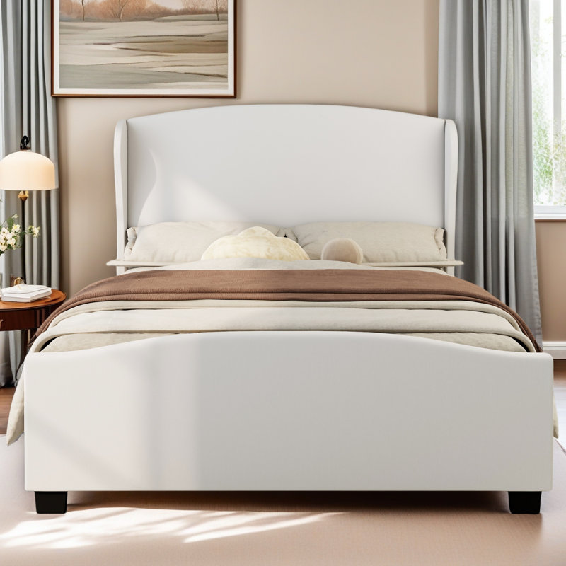 Lit tapissier en lin à tête haute, Beige, Grand lit