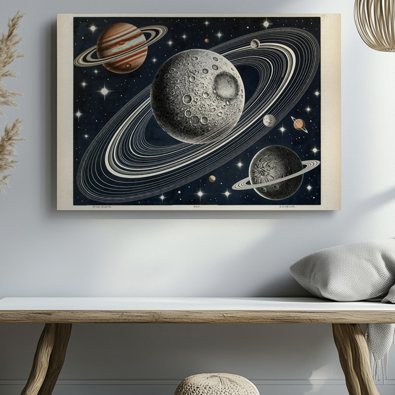 Toile dans un tableau cosmique, une lune cratérisée robuste avec un art mural, la surface texturée domine la scène entourée d'art sur toile complexe