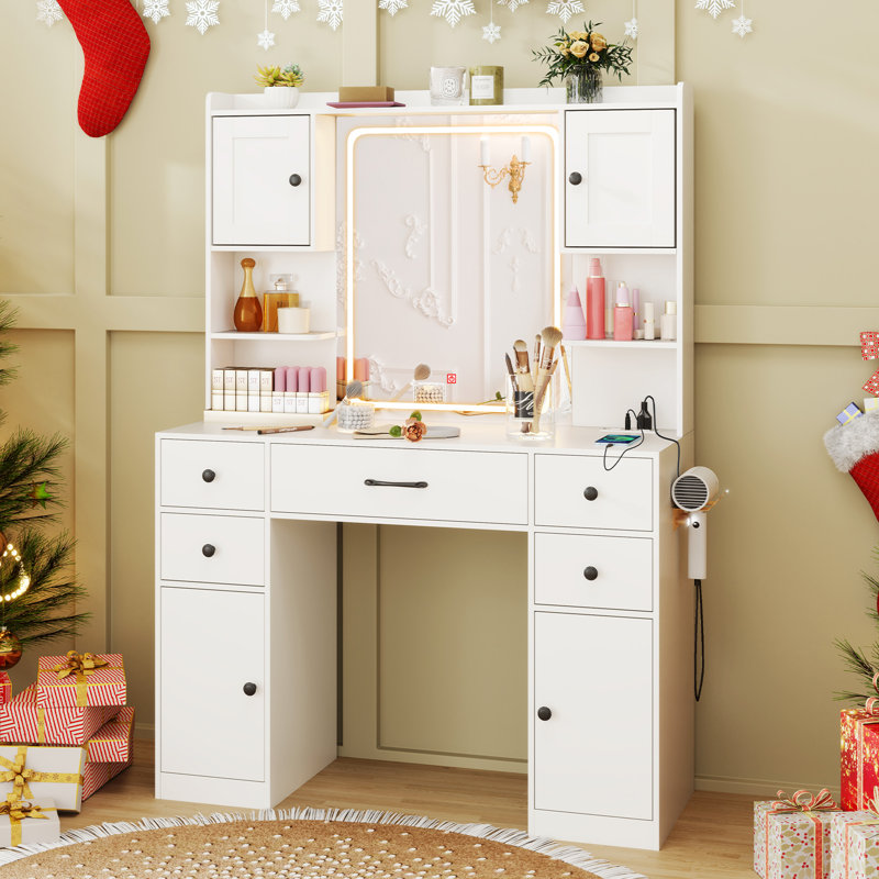  Makeup Vanity Desk w/ Lighted Mirror Charging Station 3-Color Dimmable LED Lights