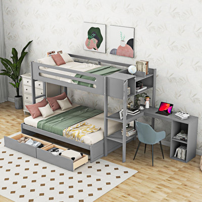 Lit superposé simple au-dessus de double avec tiroirs, tablettes, armoires, bureau en L et porte-revues Stoltzfus