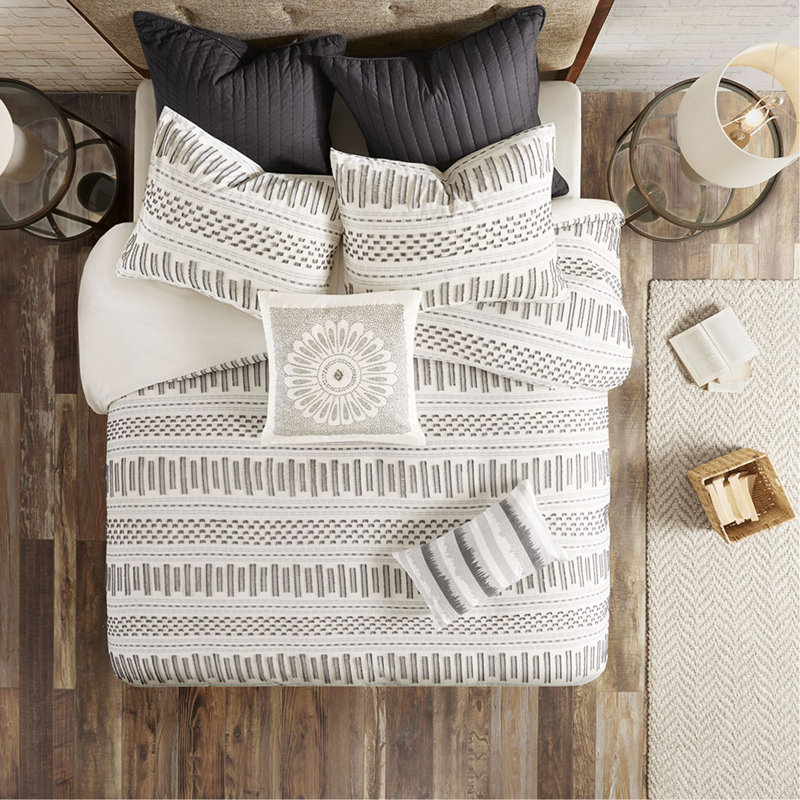 Full/Queen Cotton Jacquard Duvet Cover Mini Set, Ivory/Charcoal Striped, Queen   Duvet Cover  + 2 Standard Shams