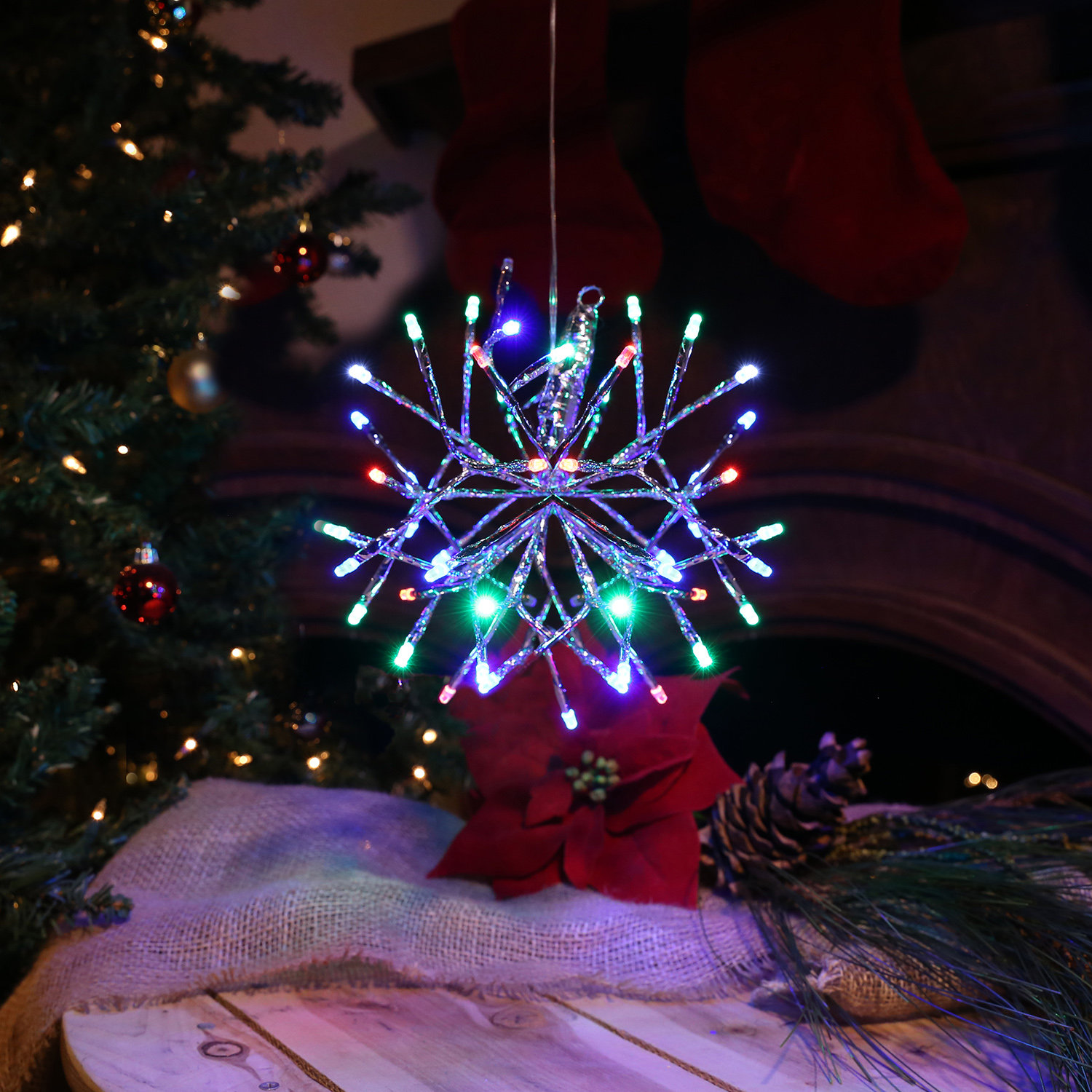 3D Snowflake Hanging LED Ornament, Multi-Colored, White, 16"