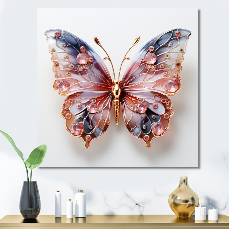 «Blue and Pink Crystal Butterfly II», art mural papillon, Toile tendue, H 36 po x l 36 po x P 1,5 po