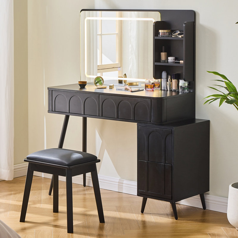 Modern Makeup Vanity Desk with LED Lights Mirror with Stool, Black