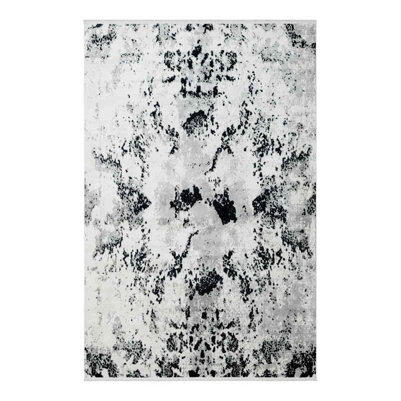 Bralin Abstract Machine Made Polyester Area Rug in Black/White/Grey, Rectangle 6'1" x 9'