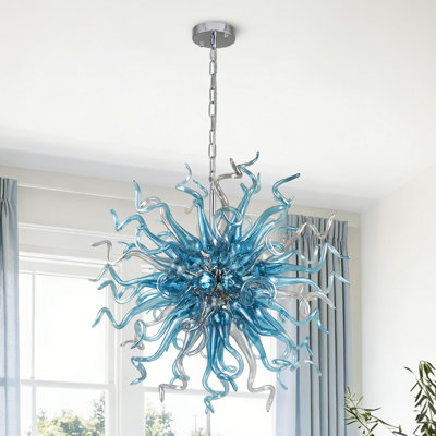 Blue Toned Hand Blown Glass Chandelier, Modern Semi Flush Mount