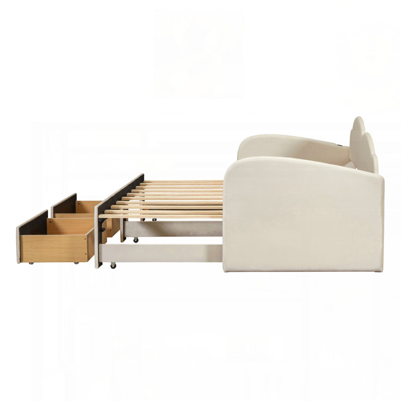 Lit de jour simple tapissier avec dossier en forme de nuage, lit gigogne et 2 tiroirs et ports USB, beige, Beige