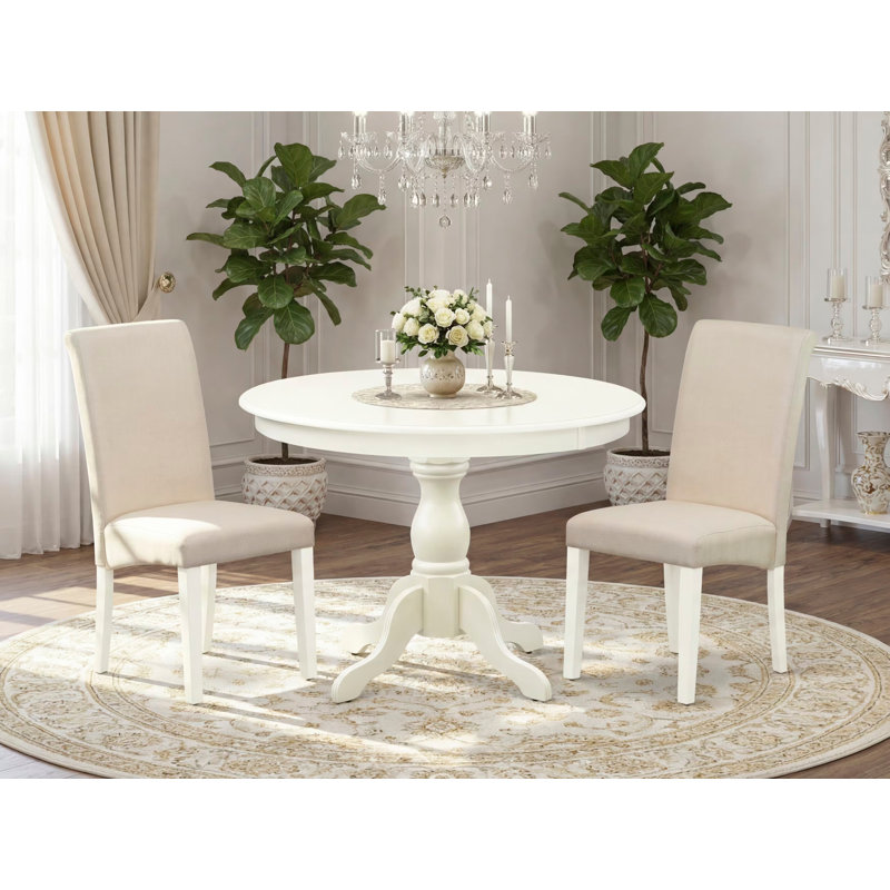 Karmakar Rubberwood Solid Wood Dining Set, Linen White, 30" H x 42" W x 42" D, 3 Pieces