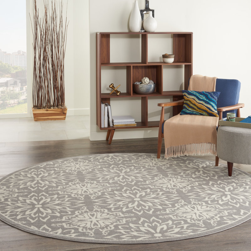 Tapis floral ivoire / gris Yurig, Rond 5 pi 3 po