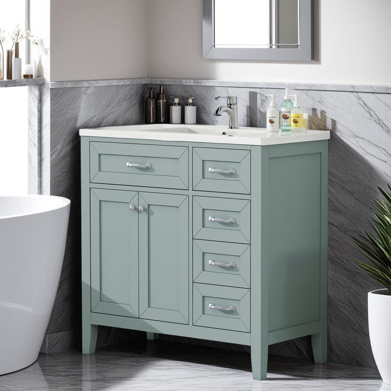Meuble-lavabo 36 po avec lavabo en céramique - poignées argentées, 3 tiroirs, structure en bois massif, Vert
