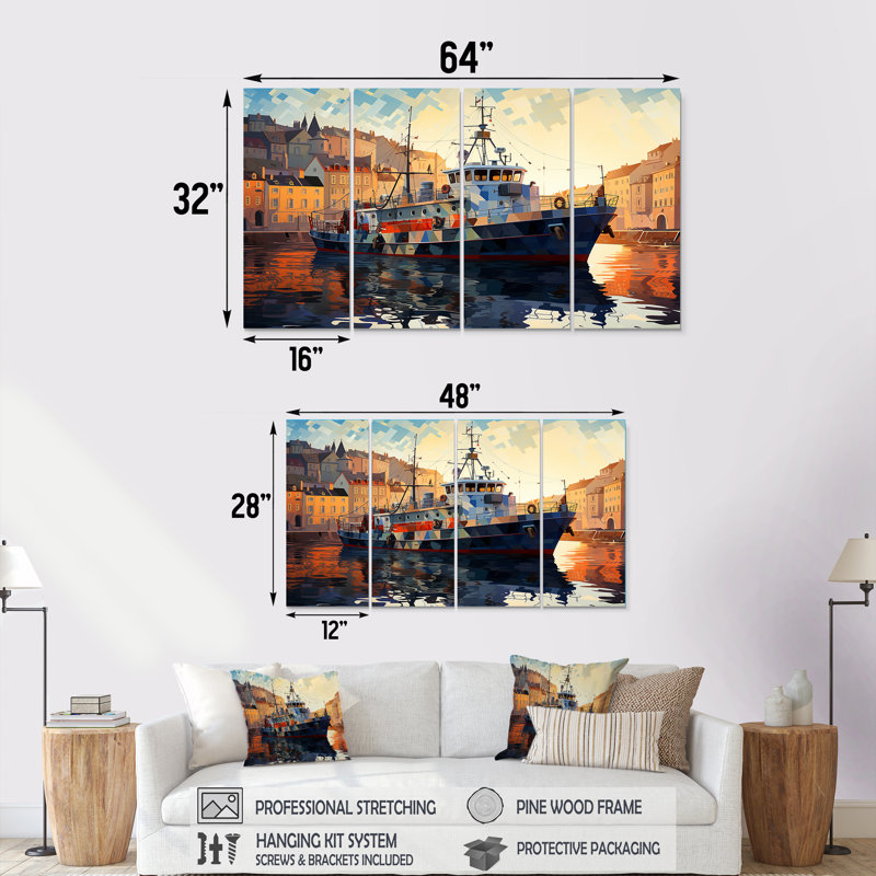 Cubiste bateau de pêche au port - bateau côtier, art mural 4 pièces, H 28 po x l 48 po