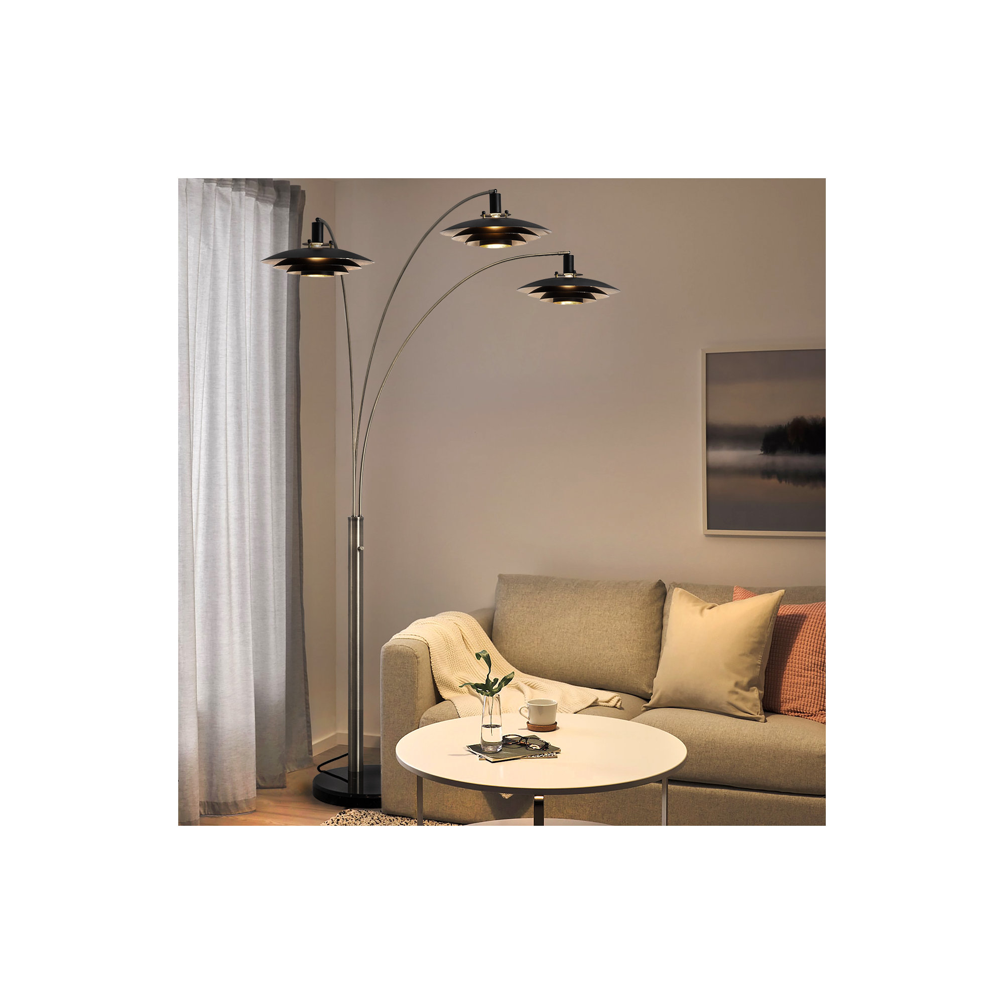 Rancho Mirage 3 Light Arc Floor Lamp - 84", Matte Black & Silver-Leaf Shade, Antique Nickel
