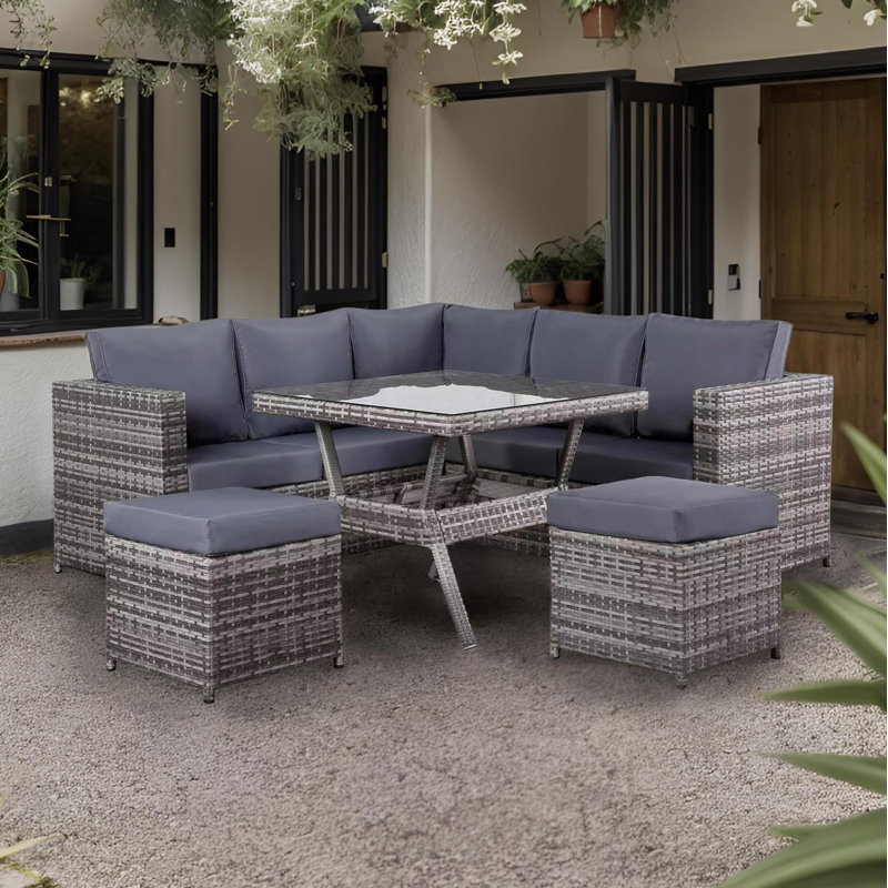 Rattan Park Modern Range Lille Corner Sofa Set With Dining Table In Grey Weave And Cushions