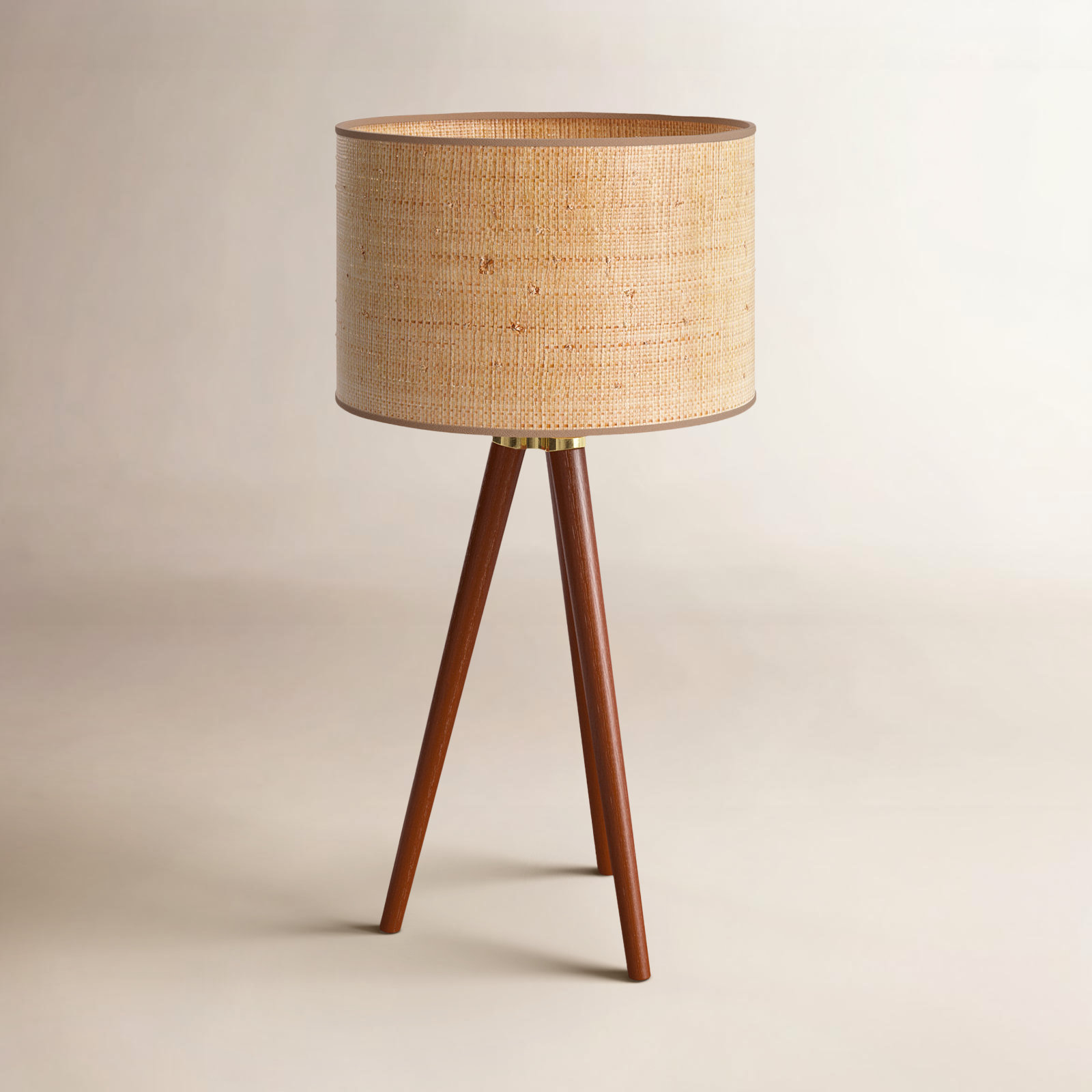 Kisa Wood Tripod Lamp, Walnut Wood w. Antique Brass Accents, Woven Natural Rattan Shade w. Beige Trim