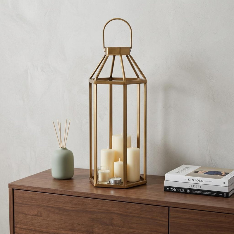 32" Gold Geometric Metal Floor Lantern Candle Holder