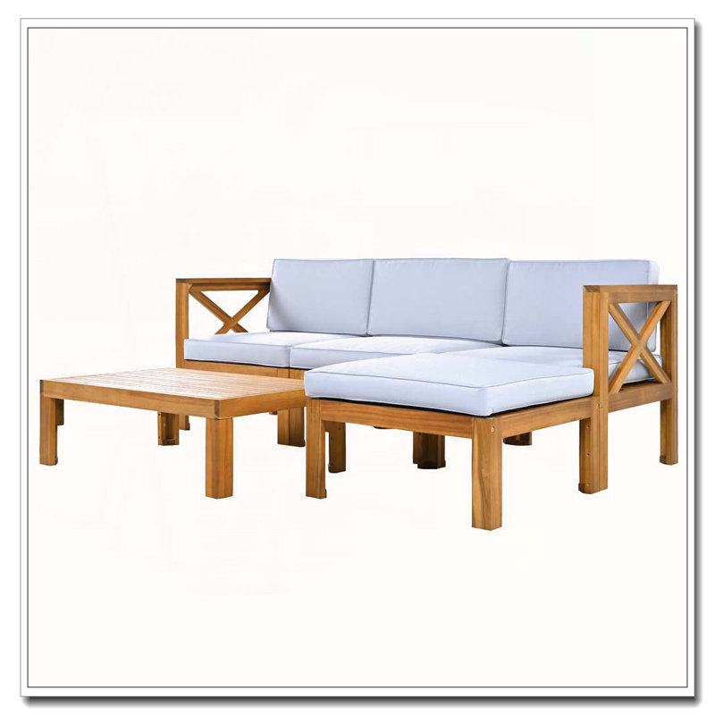 Ensemble de conversation modulaire 5 pièces avec coussins d'extérieur, Finition naturelle + coussins gris