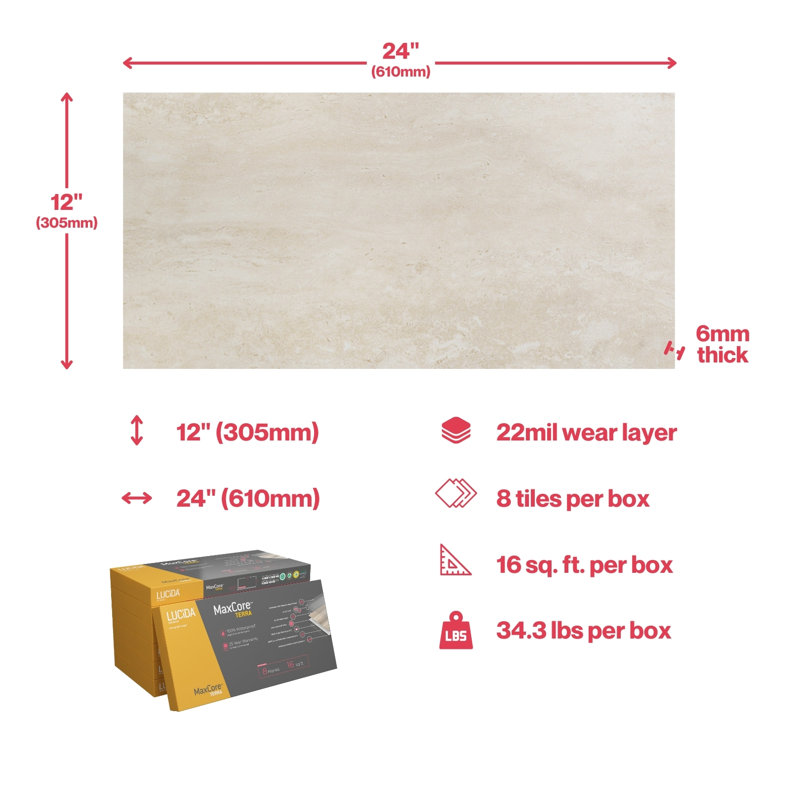 MaxCore Terra 12" x 24" x 6mm Click-Lock Luxury Vinyl Plank Flooring, Cream