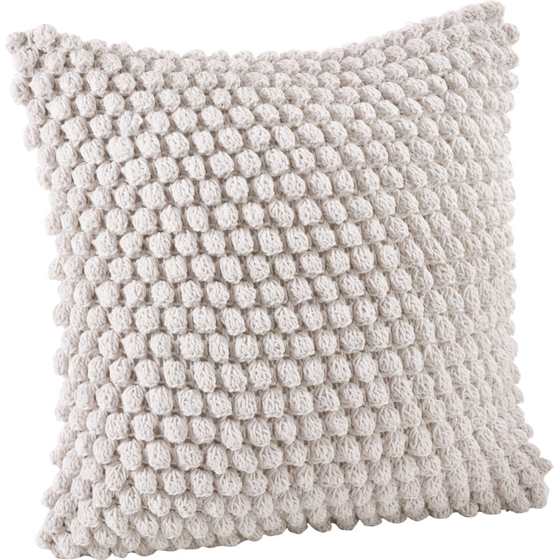20" Off-White Cotton Crochet Pom-Pom Square Throw Pillow