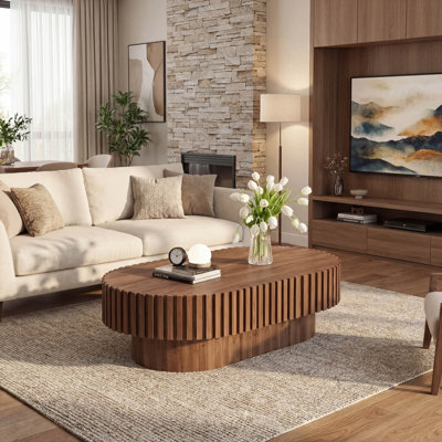 43.1 Inch Oval Coffee Table with Fluted Pedestal in Walnut, Mid Century Modern Accent Table by Latitude Run