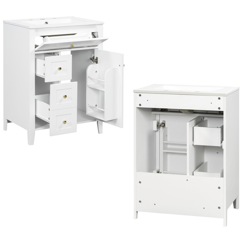 Meuble-lavabo autoportant en MDF blanc de 61 cm (24 po) avec lavabo en céramique, poignées en métal, porte à fermeture amortie et tablette de rangement.