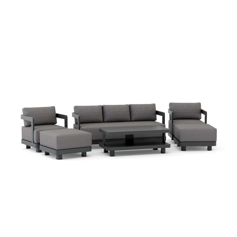 Ensemble de conversation avec coussins Massud Sunbrella, Gris, 2 fauteuils, canapé, 2 repose-pieds, table