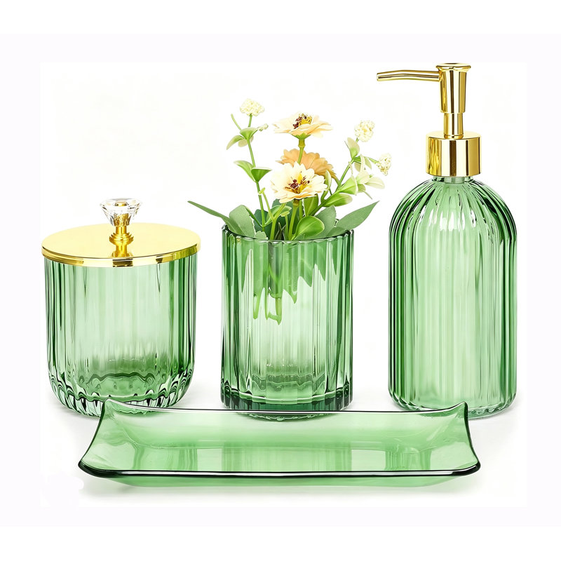 Ensemble d'accessoires de salle de bain en verre, 4 pièces, vert, Vert clair