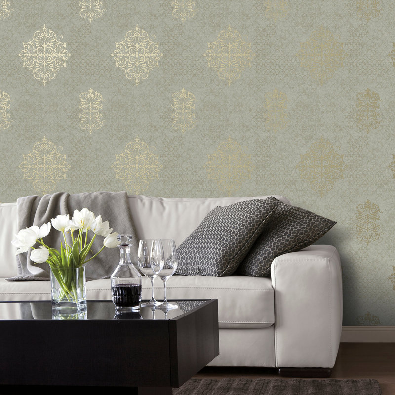 Lustre Metallic 3D Embossed Damask Wallpaper Roll, Brown