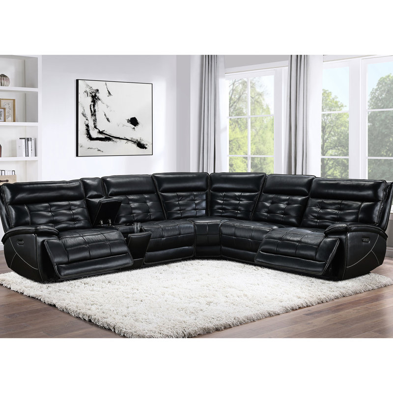 Canapé modulaire en cuir noir à double puissance avec capitonnage à grille moderne et porte-gobelets amovibles pour la console