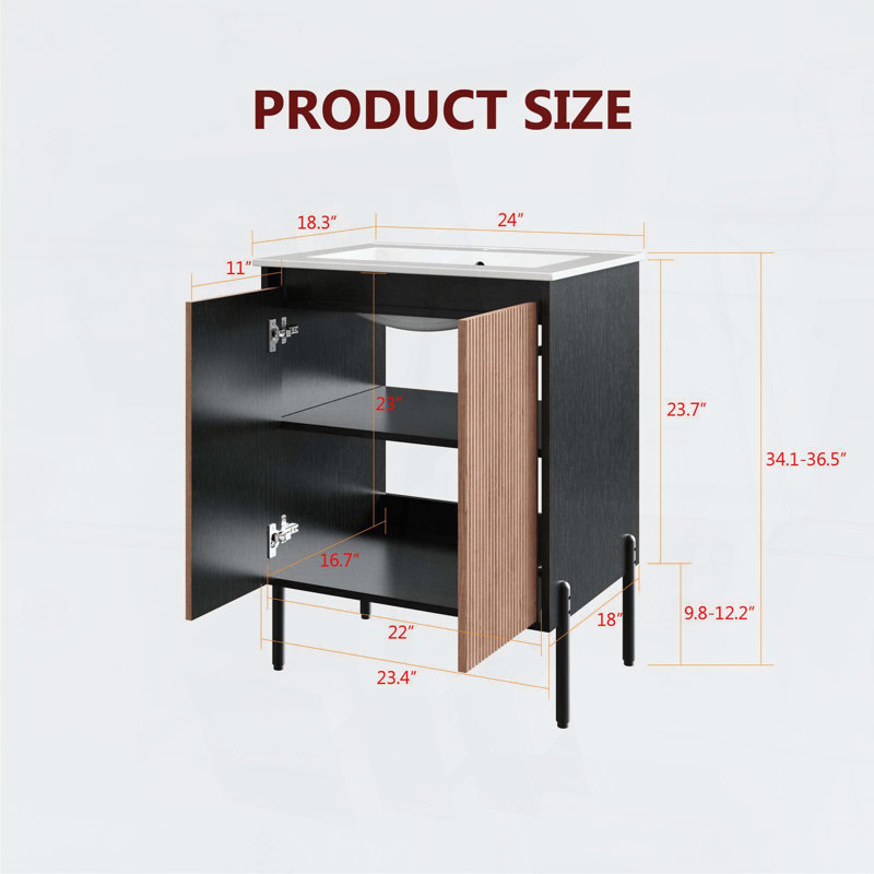 Meuble-lavabo de salle de bain autoportant ou mural seulement, avec portes doubles cannelées à fermeture amortie et tablette réglable, noyer et noir