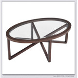 Table basse moderne en verre simple, table basse en verre trempé, base en bois massif, plateau rond en verre transparent