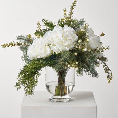 Peace On Earth - Fluffy White Hydrangea, Peony, Christmas Amaryllis With Pine & Snowberry Holiday Centerpiece Arrangement
