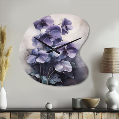 Purple Grey Violets Dream II - Floral Unique Shape Metal Wall Clock, Traditional Asymmetrical Wall Clock Print