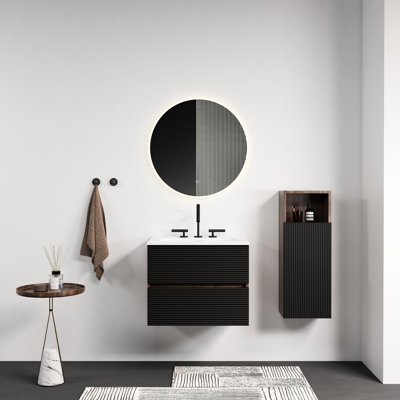 Meuble-lavabo mural noir et noyer avec lavabo en céramique à 3 trous, grands tiroirs de rangement, glissières de fermeture, ensemble de montage pour salle de bain